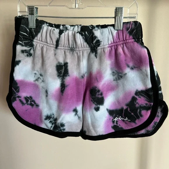 Pink VS Varsity Shorts elastic waistband, inseam, fleece, Black/Violet  Tie Dye